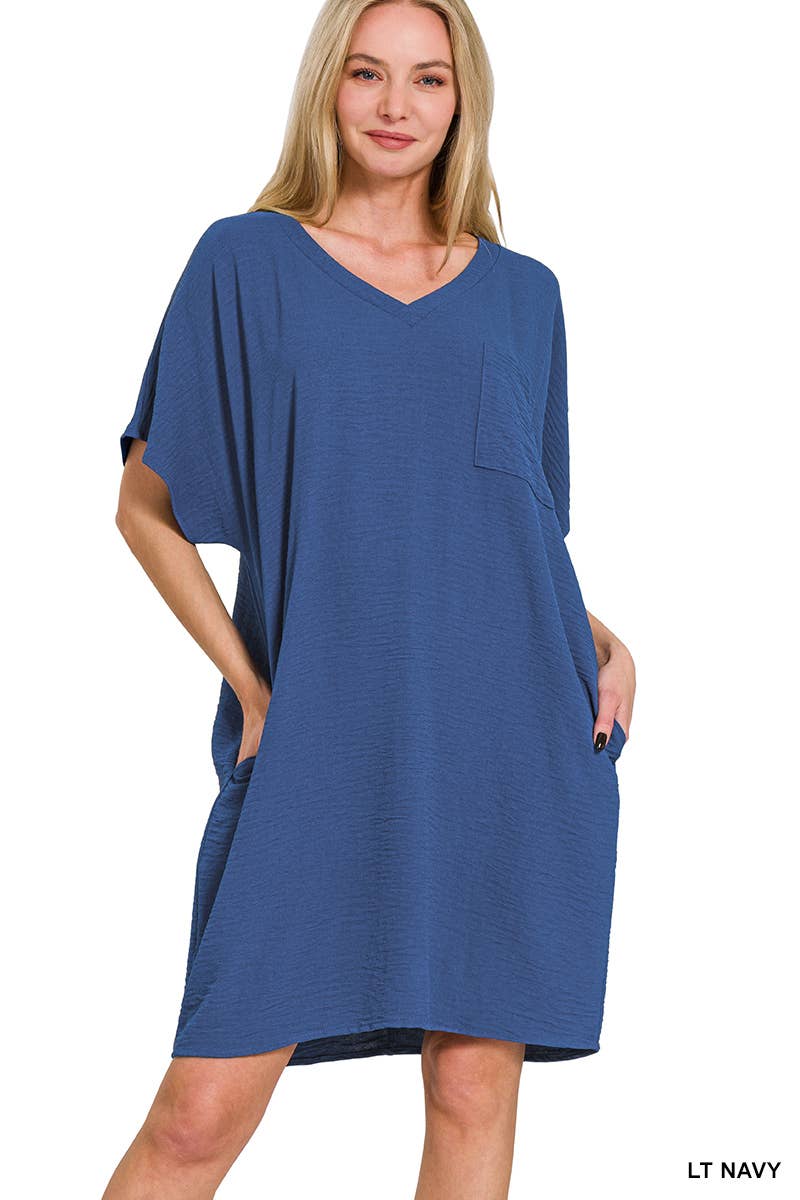 Woven Airflow V Neck T Shirt Dress With Pockets Zenana