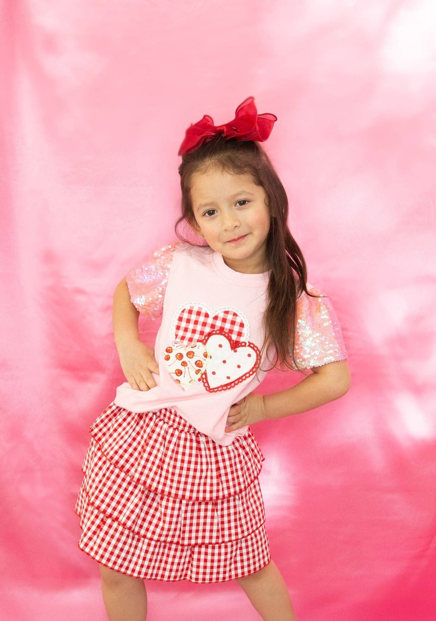 Girls' Heart Patches on Pink Princess Gingham Top