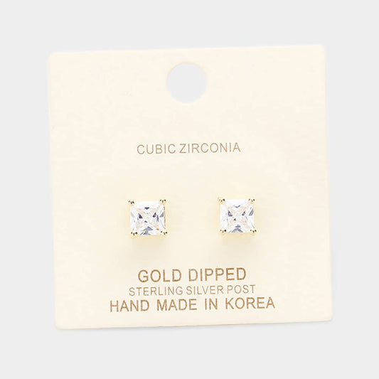 Gold Dipped 6mm Cubic Zirconia Square/Round Stud Earrings