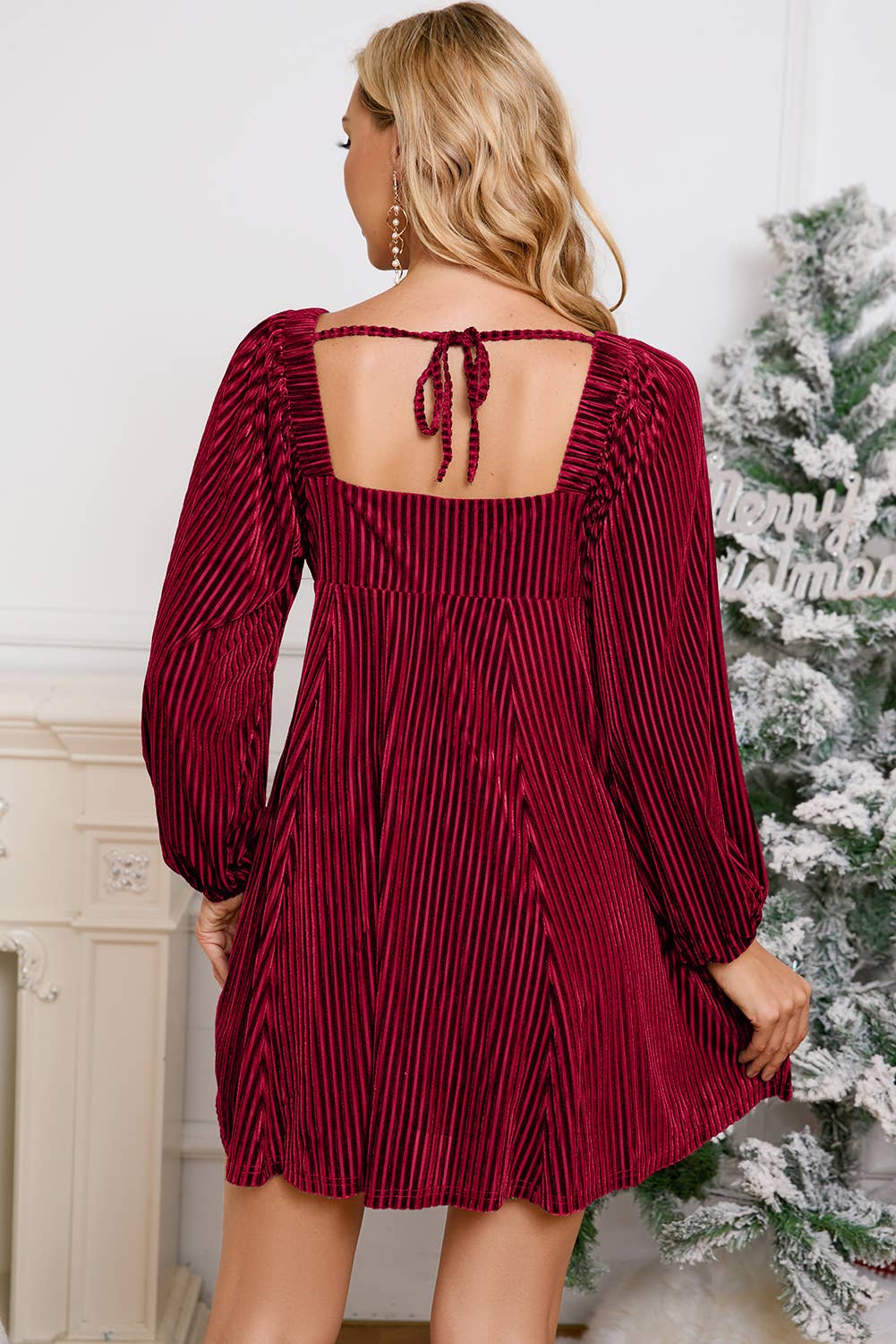 Velvet Corded Tie Back Babydoll Mini Dress