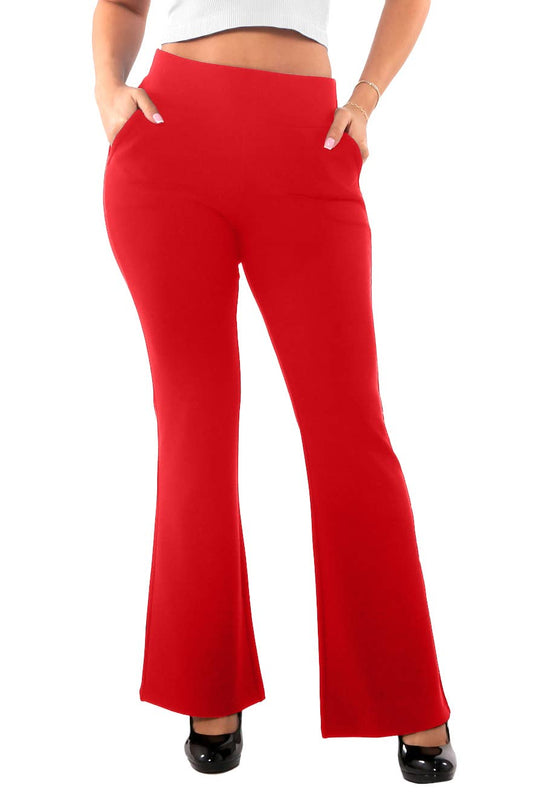 Womens Tummy Control Butt Sculpting Flare Pants With Pockets - Red