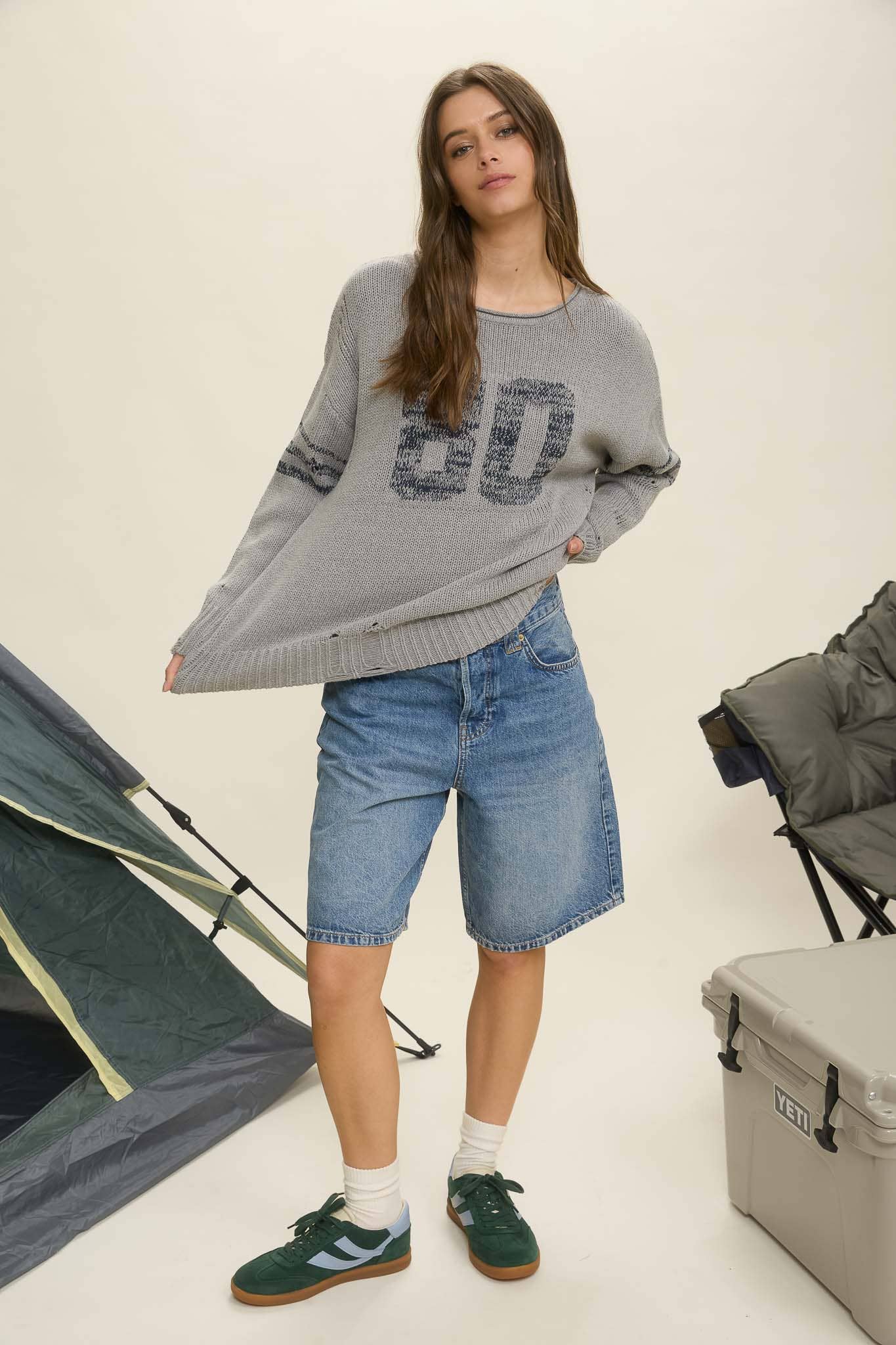 DISTRESSED LONG SLEEVE VARSITY KNIT TOP