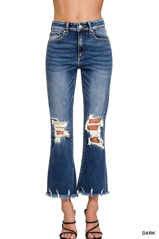 Zenana Distressed Knee And Hem Denim Pants