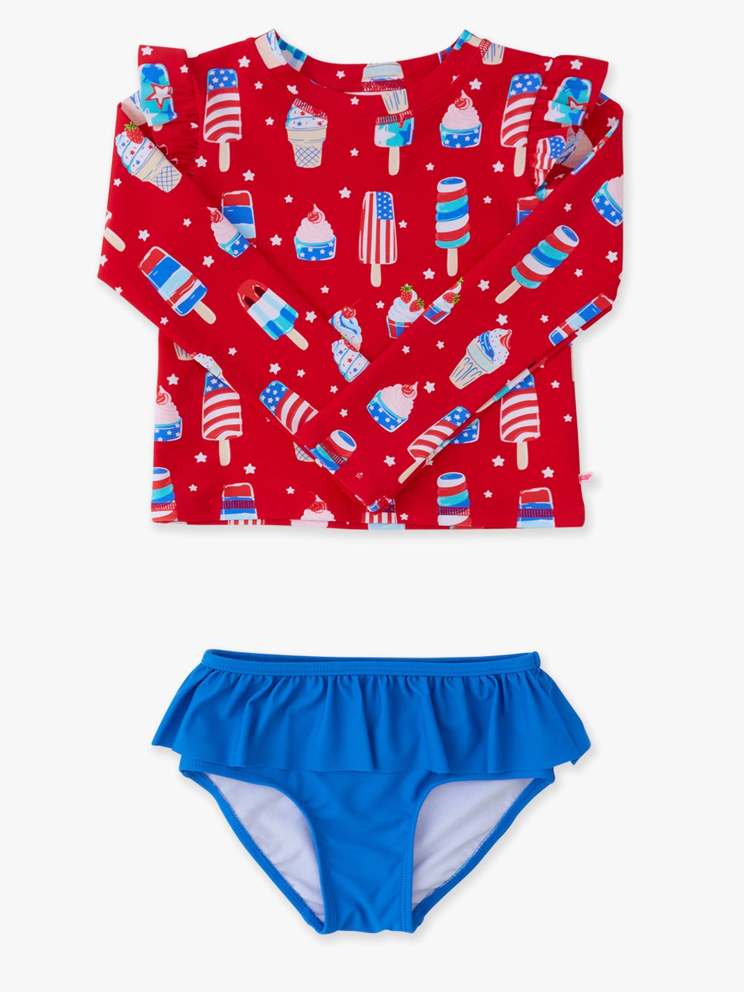 Girls Stars & Scoops Ice Cream Flutter Long Sleeve Rash Guard Skirted 2-Piece Swimsuit