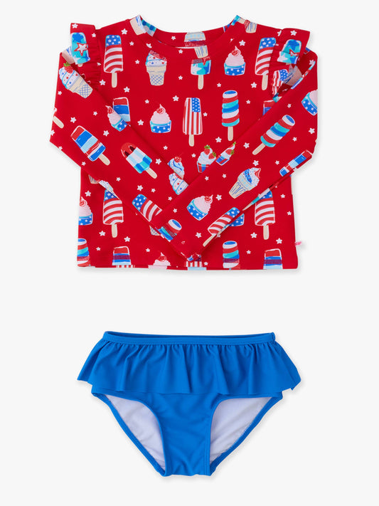 Girls Stars & Scoops Ice Cream Flutter Long Sleeve Rash Guard Skirted 2-Piece Swimsuit