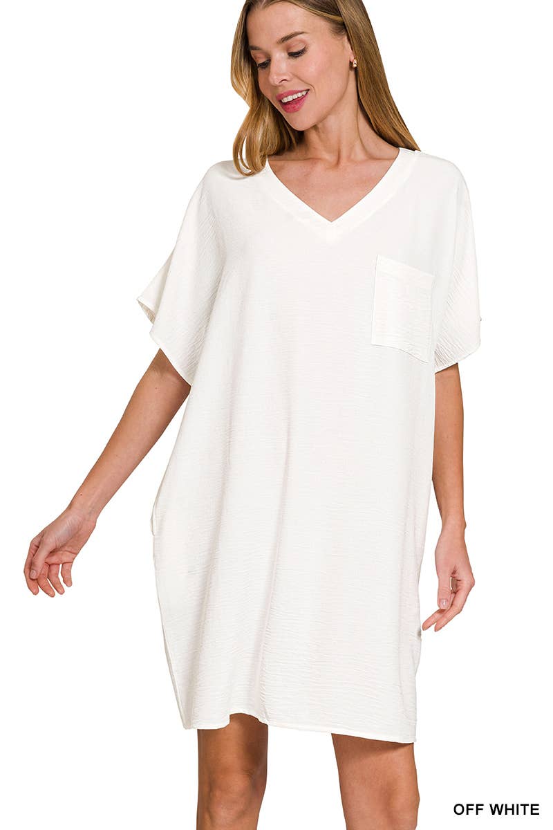 Woven Airflow V Neck T Shirt Dress With Pockets Zenana