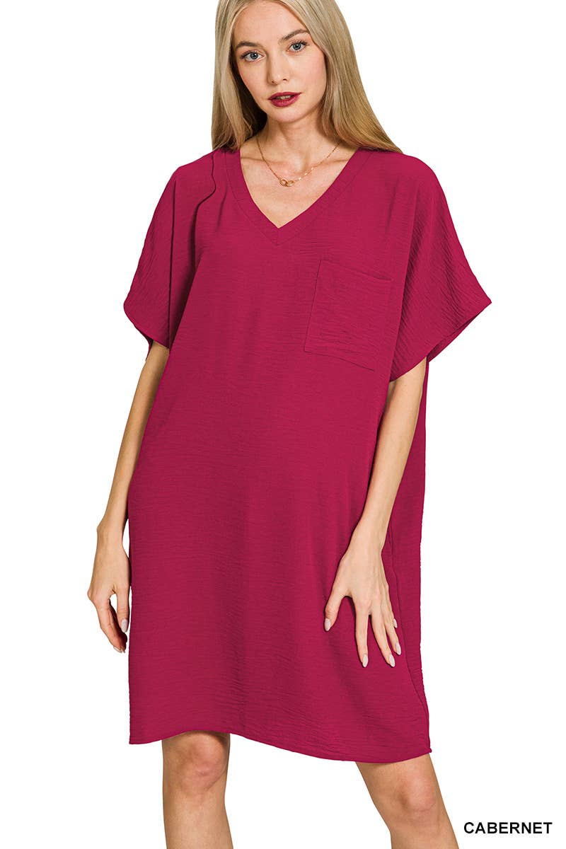 Woven Airflow V Neck T Shirt Dress With Pockets Zenana