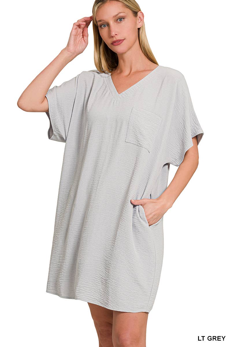 Woven Airflow V Neck T Shirt Dress With Pockets Zenana