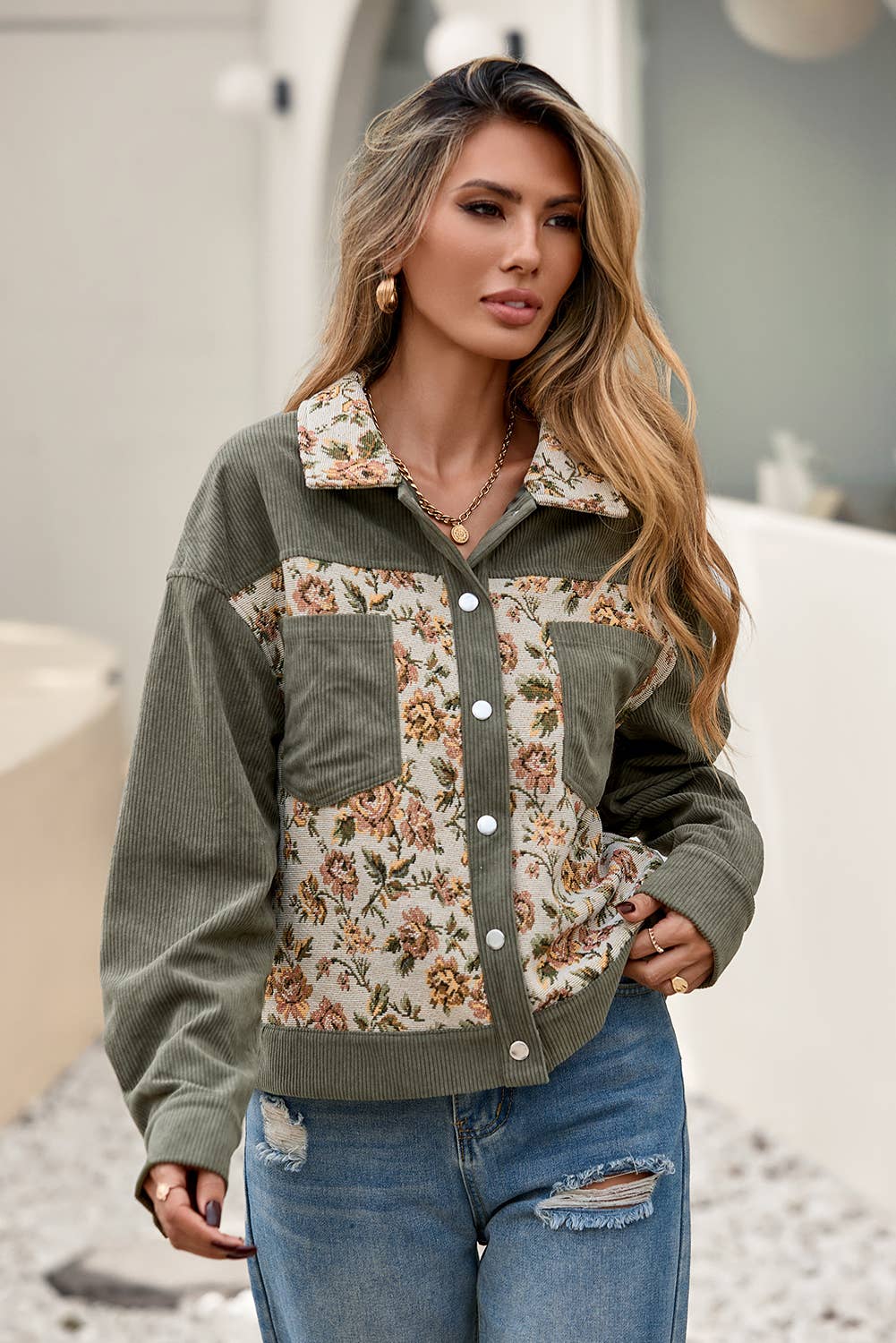 Ribbed Retro Floral Patchwork Shirt Style Jacket