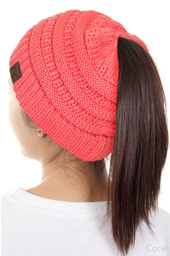 C.C Solid Color Ponytail Messy Bun Beanie