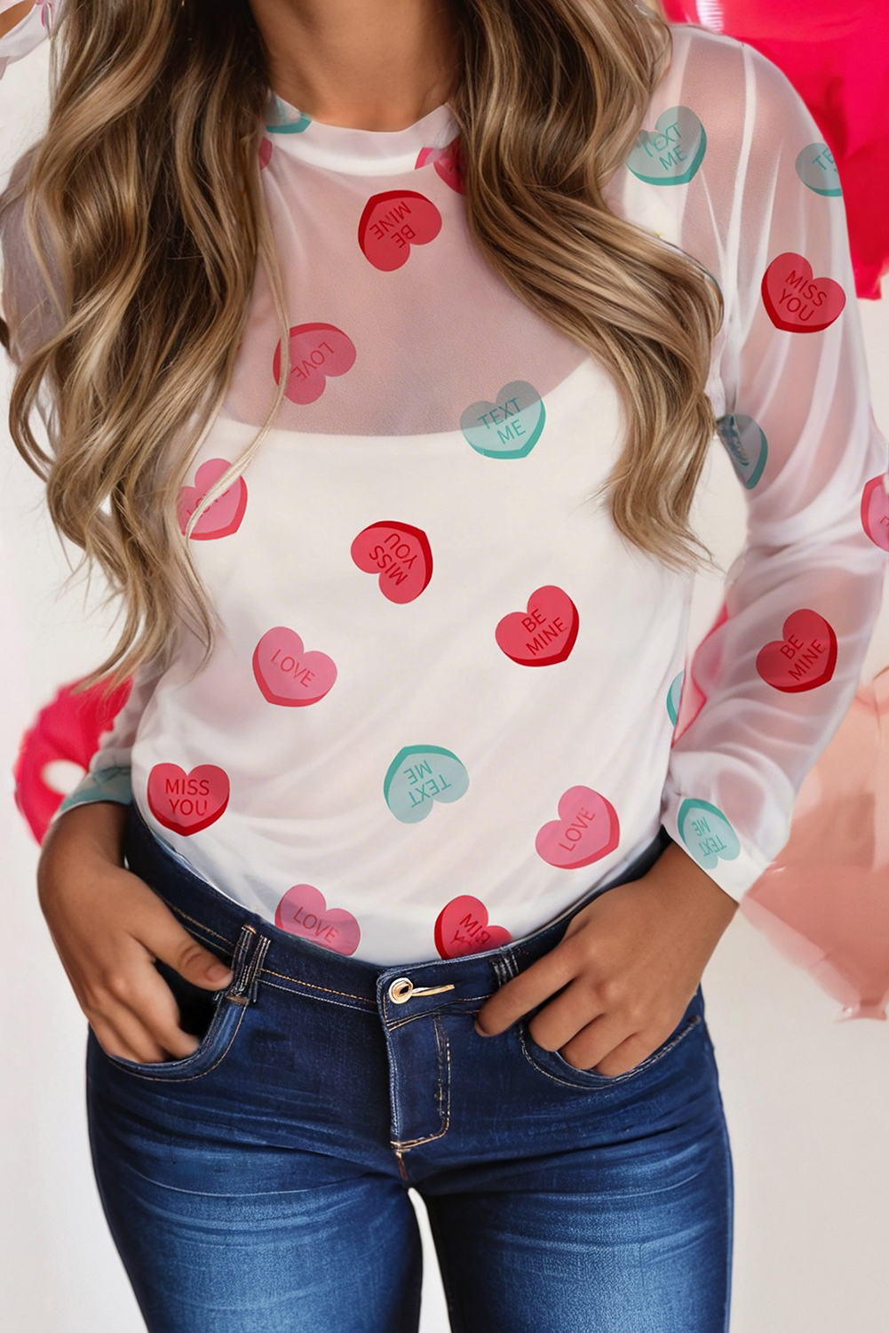 Heart-shaped Round Neck Valentine's Day Shift Mesh Blouse