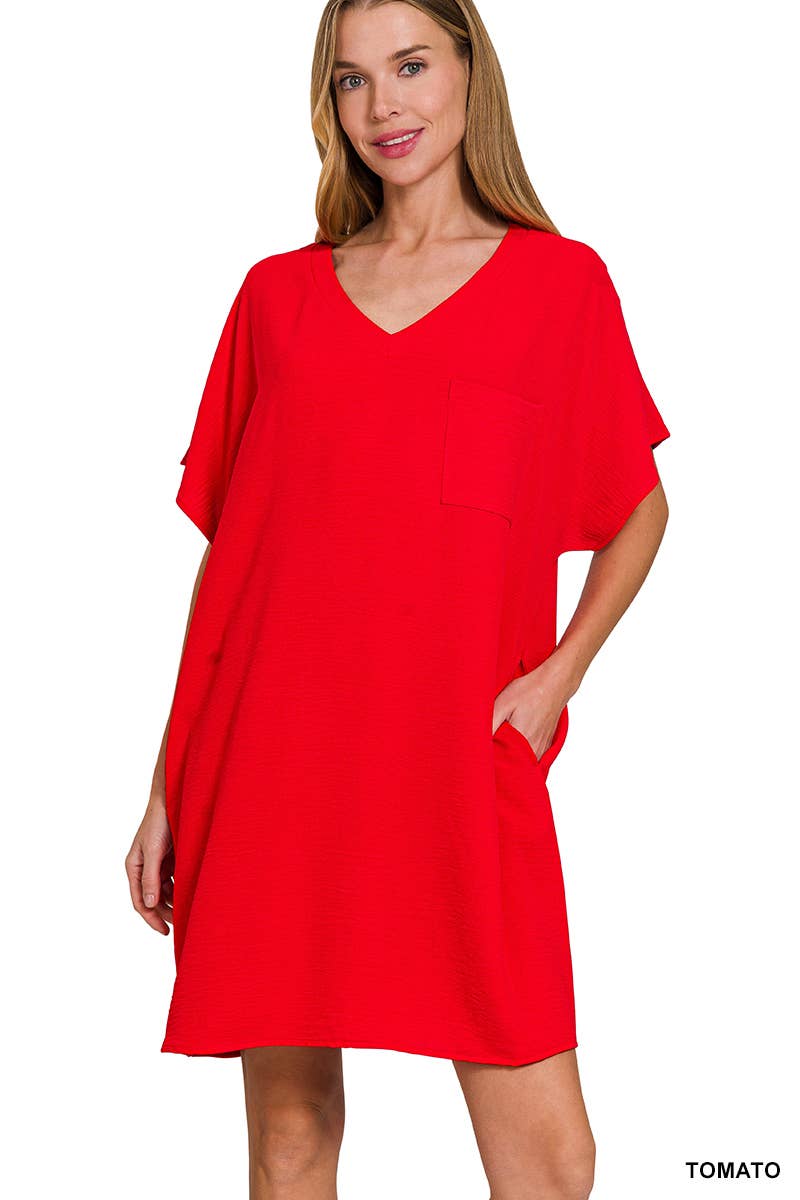 Woven Airflow V Neck T Shirt Dress With Pockets Zenana