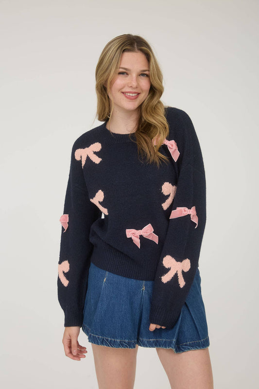 BOW PATTERN LONG SLEEVE KNIT SWEATER
