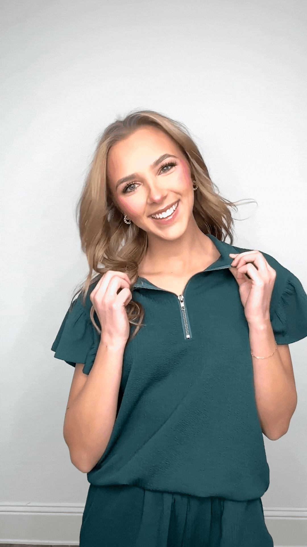 Grace & Emma Forest Green Quarter Zip with Flutter Sleeves