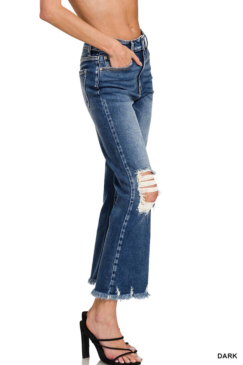 Zenana Distressed Knee And Hem Denim Pants