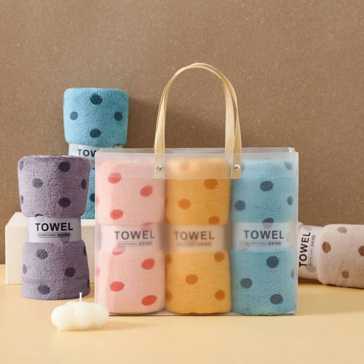 CORAL FLEECE POLKA DOT ABSORBENT FACE TOWEL - Khaki