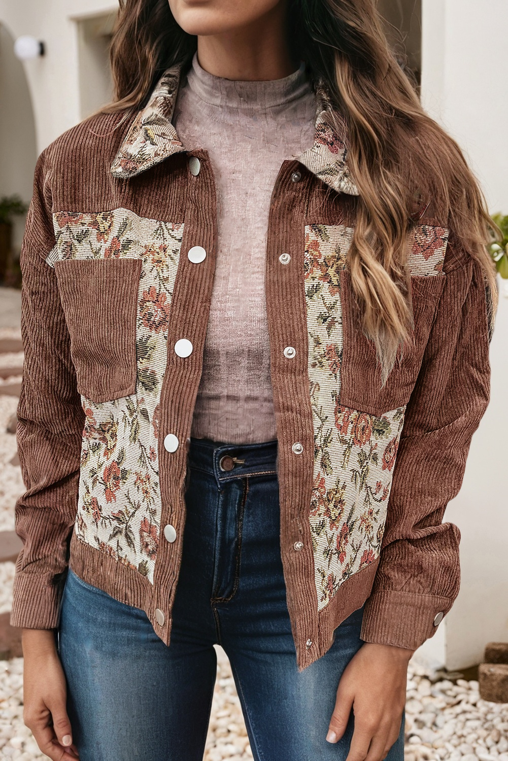 Ribbed Retro Floral Patchwork Shirt Style Jacket