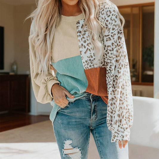 Color-blocking leopard long-sleeved sweatshirt