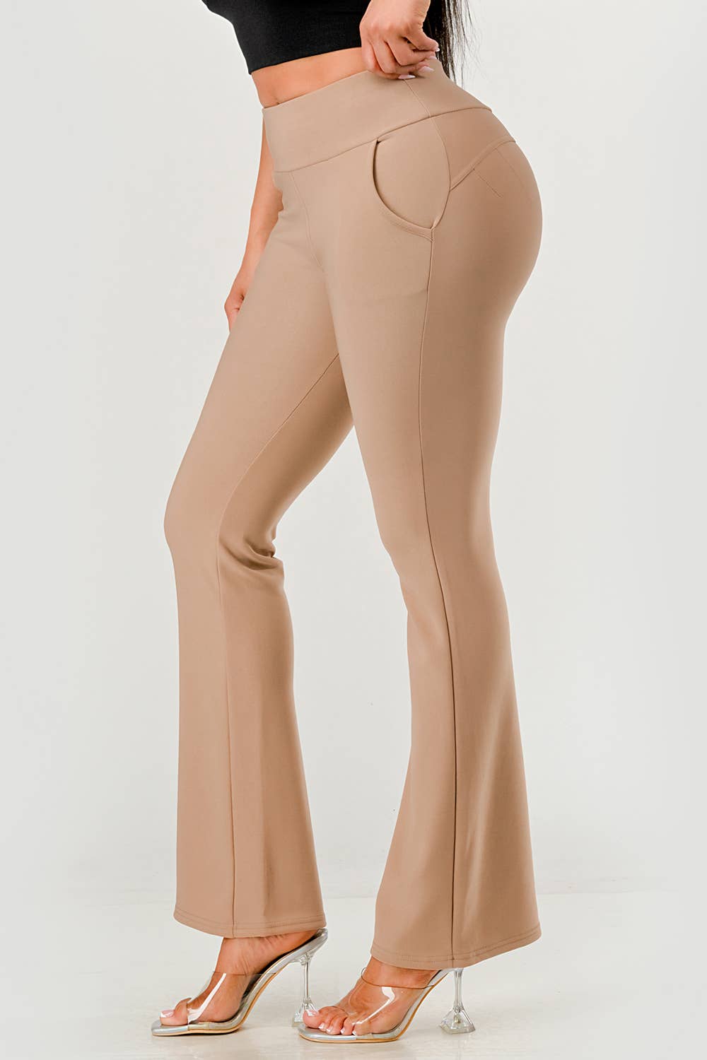 Womens Tummy Control Butt Sculpting Flare Pants With Pockets - Red