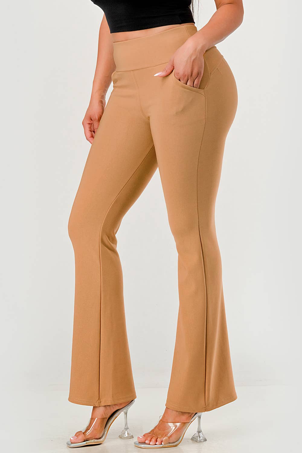 Womens Tummy Control Butt Sculpting Flare Pants With Pockets - Red