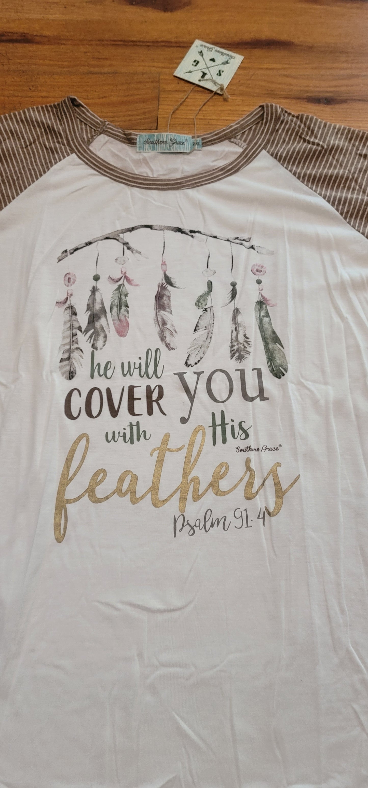 He Will Cover You With His Feathers Raglan with Striped Sleeves