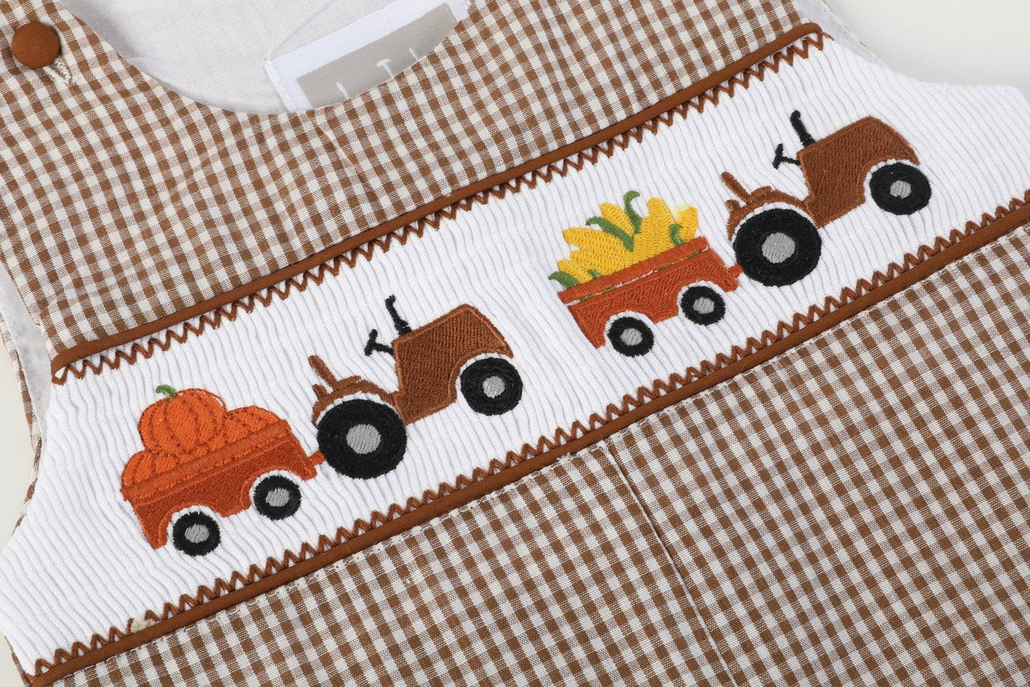 Lil Cactus Brown Gingham Pumpkin and Corn Tractor Smocked Overalls