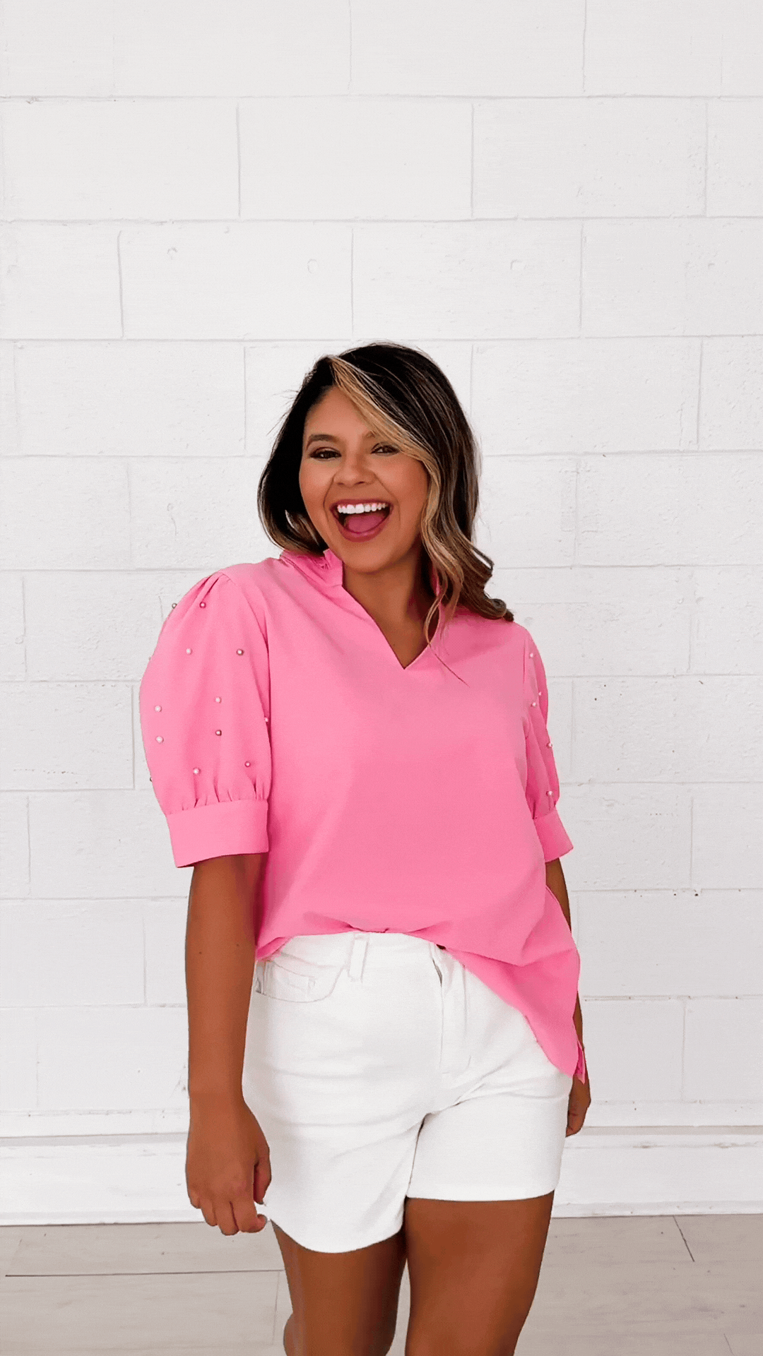 Grace + Emma Pink Puff Sleeve Top With Pearl