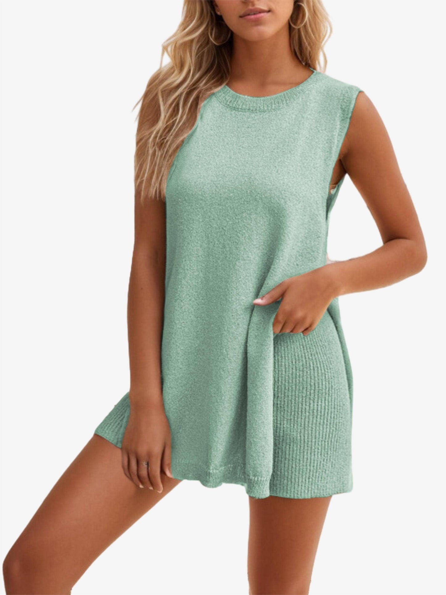 Leisure round neck sleeveless knitted dress set