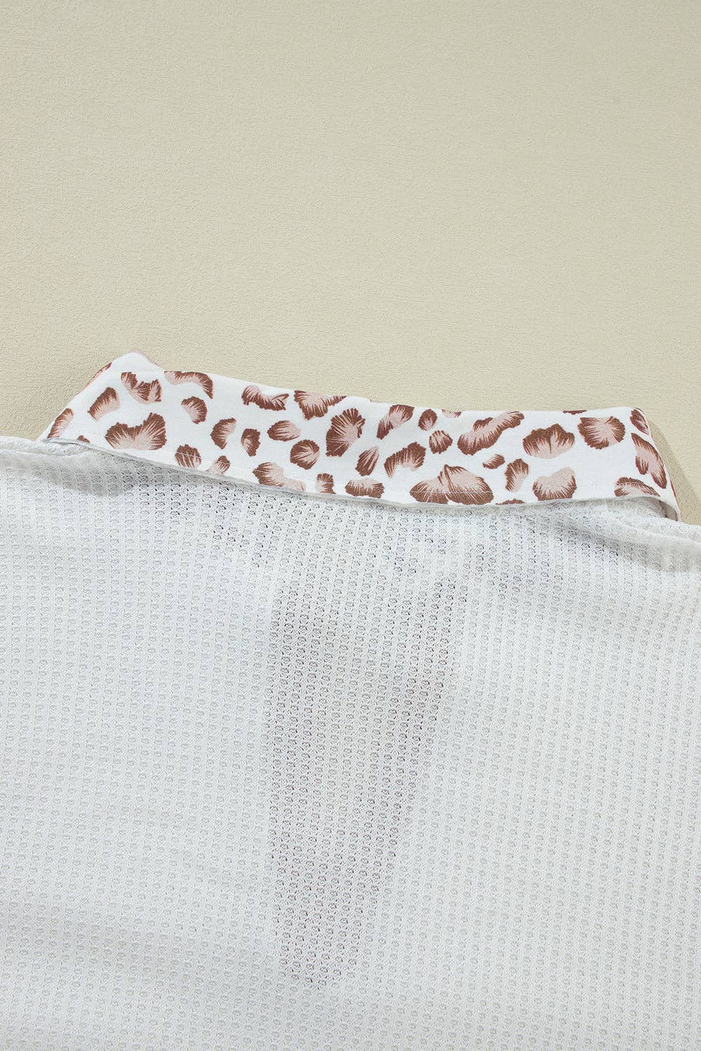 White Leopard Patchwork Turn-down Collar Waffle Top