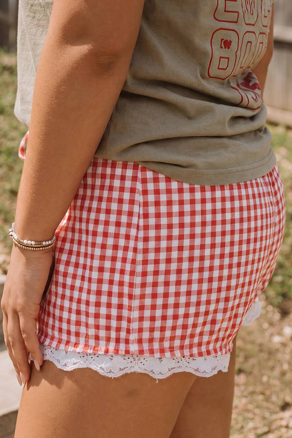 Gingham Plaid Tie Elastic Waist Lace Patchwork Hem Shorts