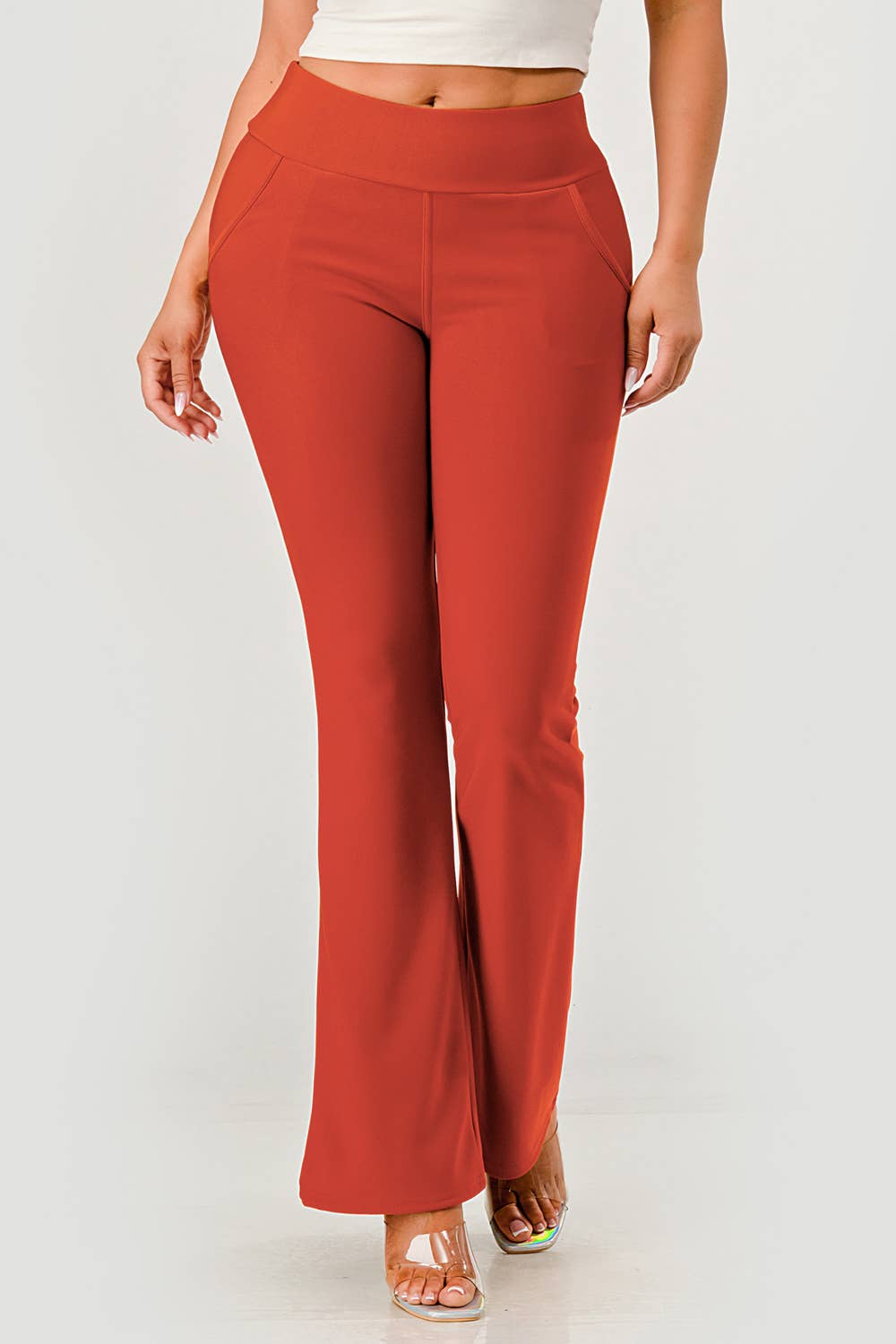 Womens Tummy Control Butt Sculpting Flare Pants With Pockets - Red