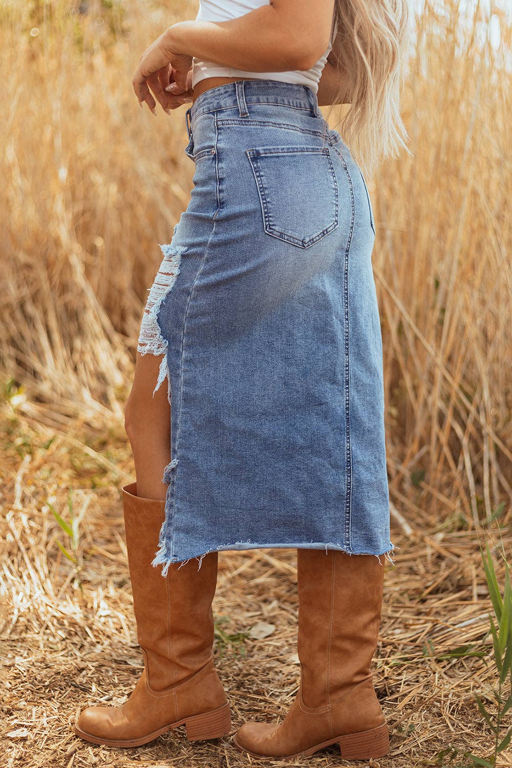 Denim Asymmetrical Distressed Midi Skirt