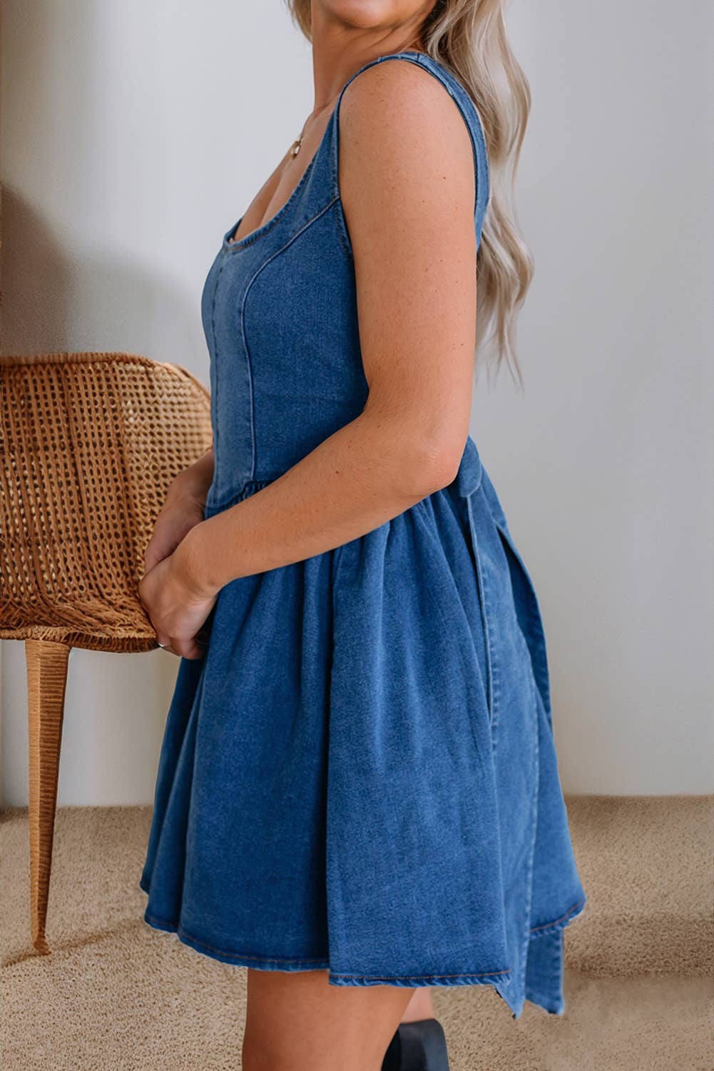 Square Neck Bowknot A-line Sleeveless Denim Dress