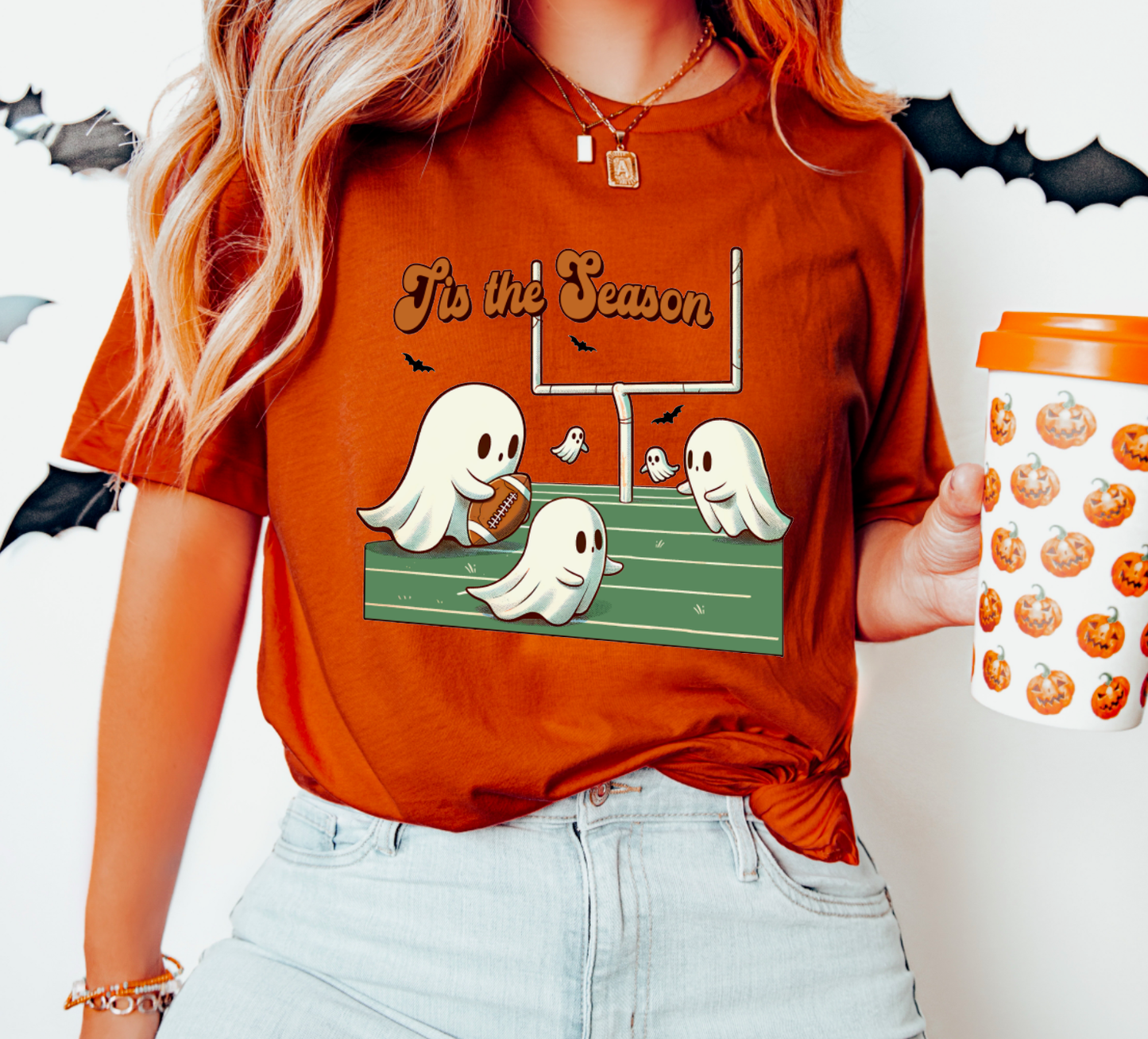 Ghost Football Bella Canvas Tee Cute Halloween Retro Shirt