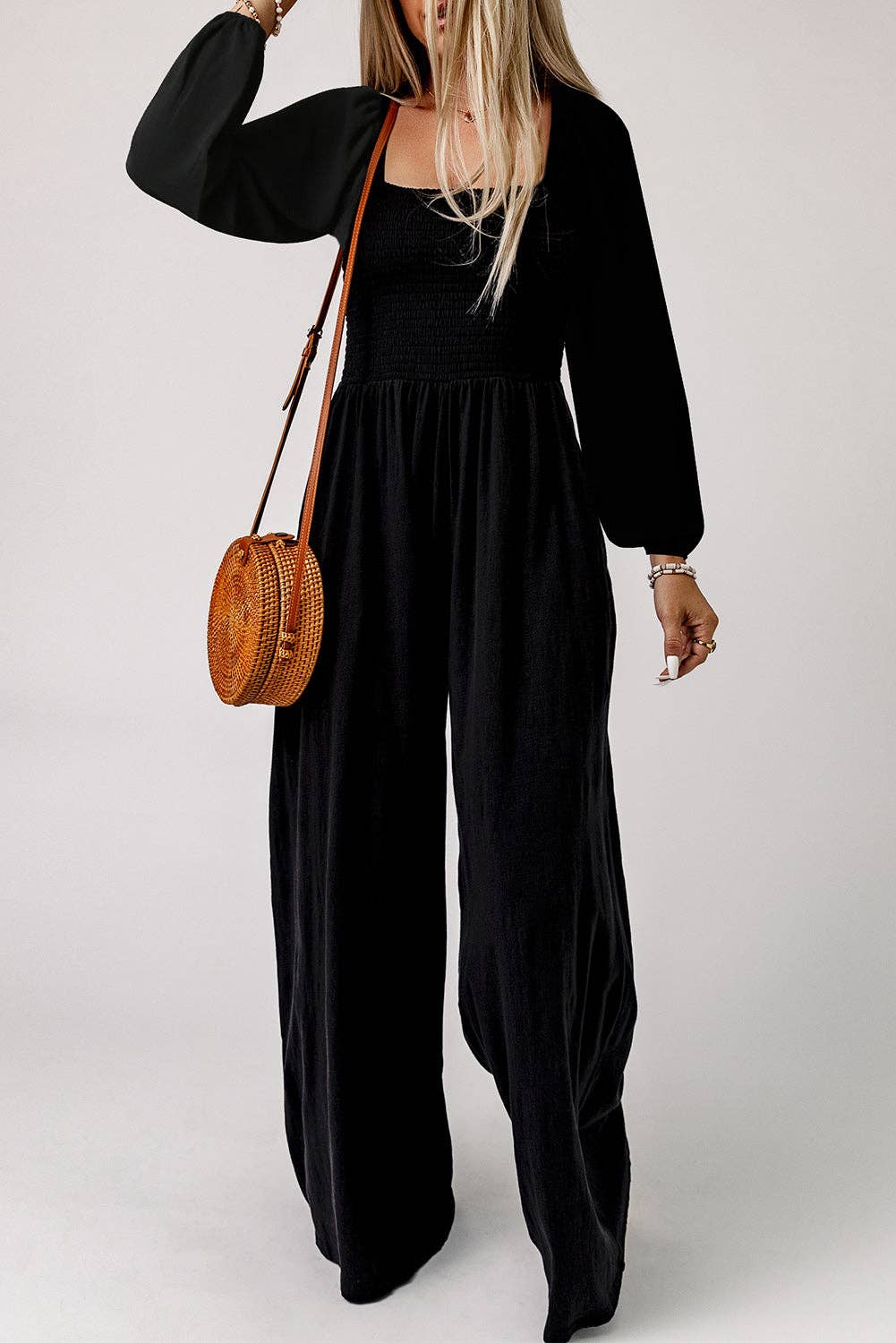 Smocked Long Sleeve Pocketed Jumpsuit