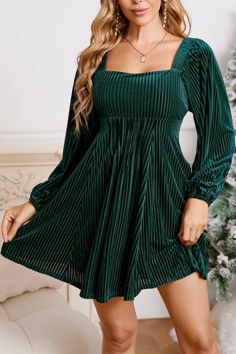 Velvet Corded Tie Back Babydoll Mini Dress