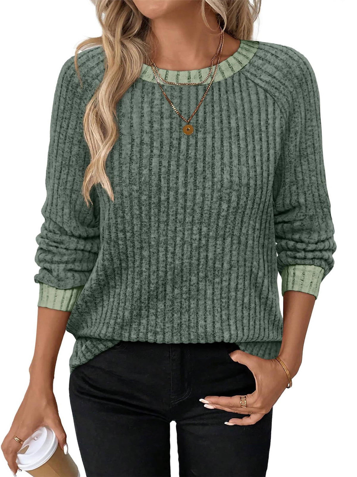 Contrast Color Ribbed Fleece Crew Neck Long Sleeve Top