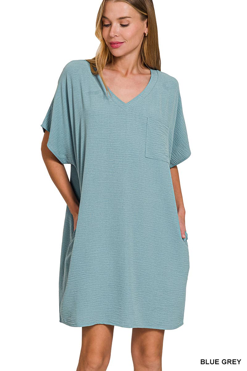 Woven Airflow V Neck T Shirt Dress With Pockets Zenana