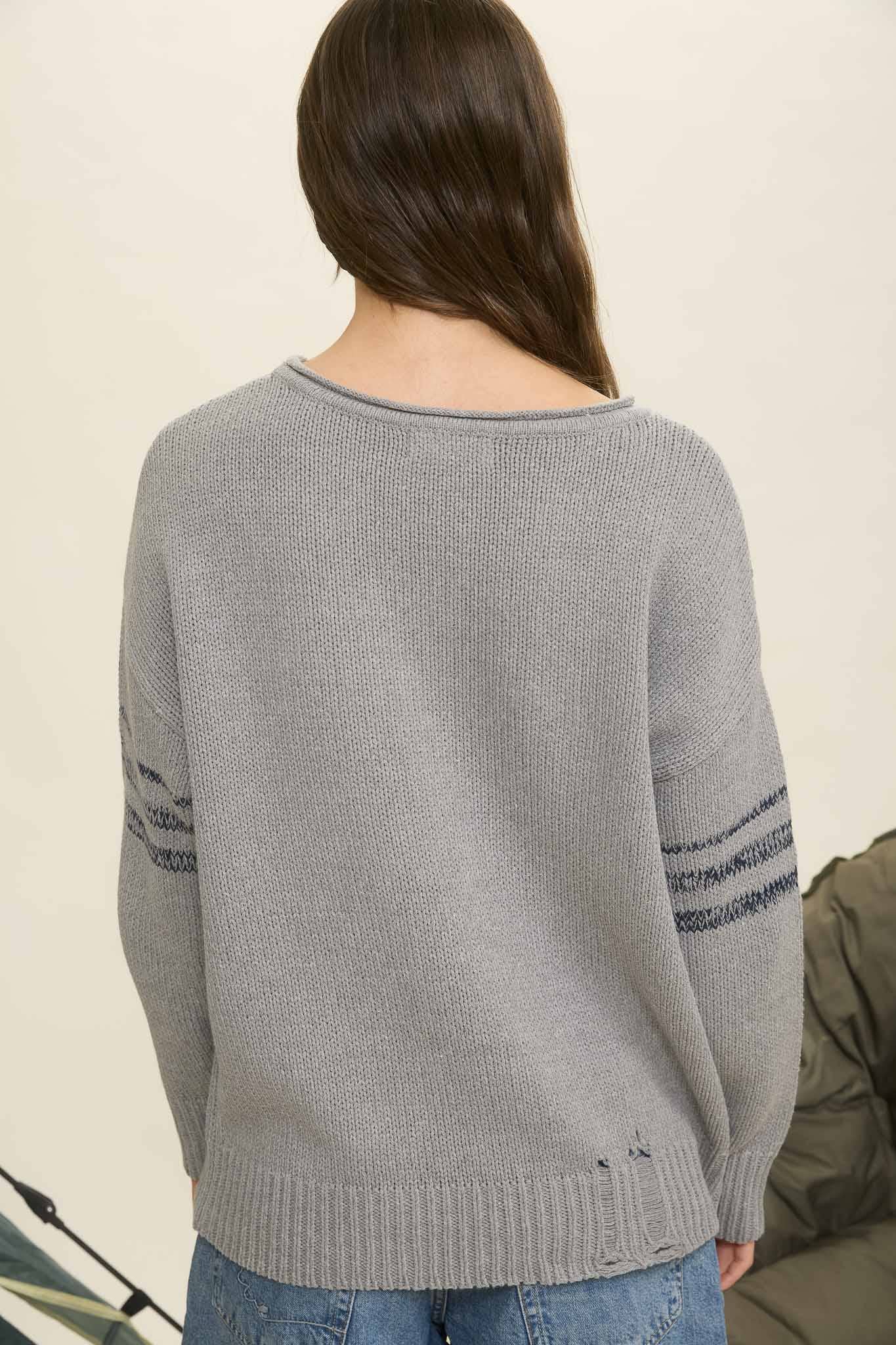 DISTRESSED LONG SLEEVE VARSITY KNIT TOP