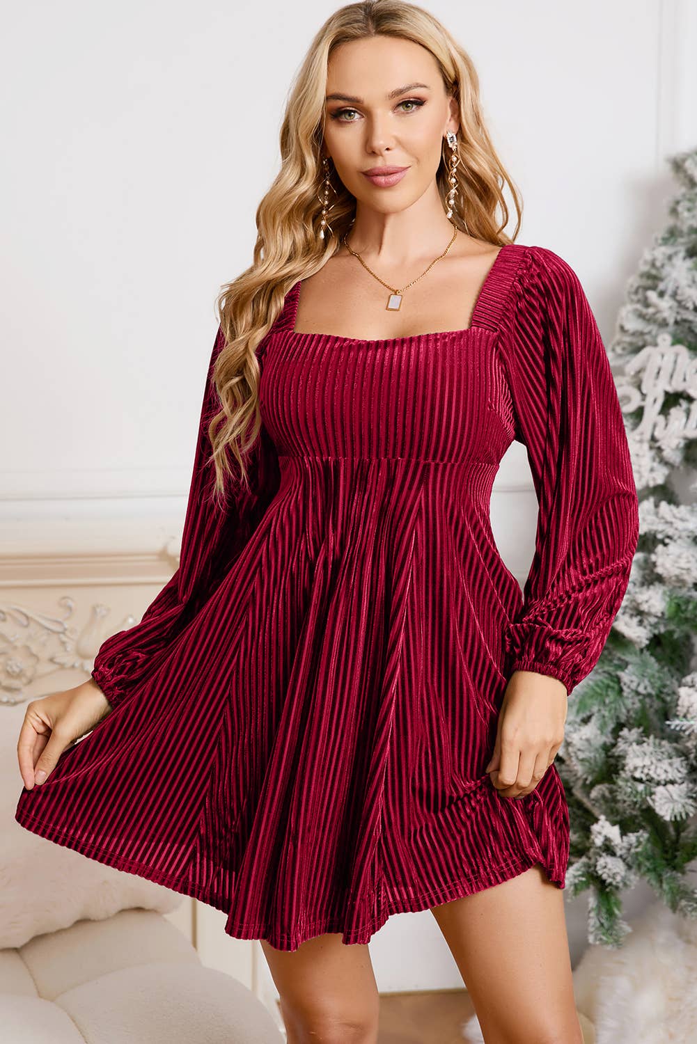 Velvet Corded Tie Back Babydoll Mini Dress