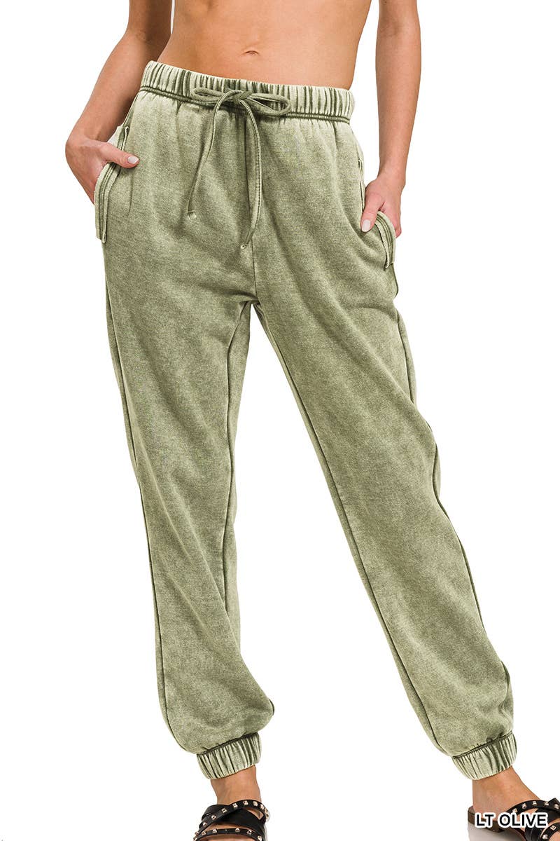 ZENANA SNOW ACID WASH FLEECE SWEATPANTS WITH POCKETS
