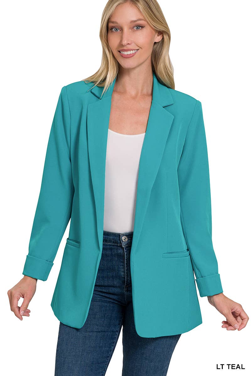 Zenana WOVEN OPEN FRONT CLASSIC BLAZER - Black