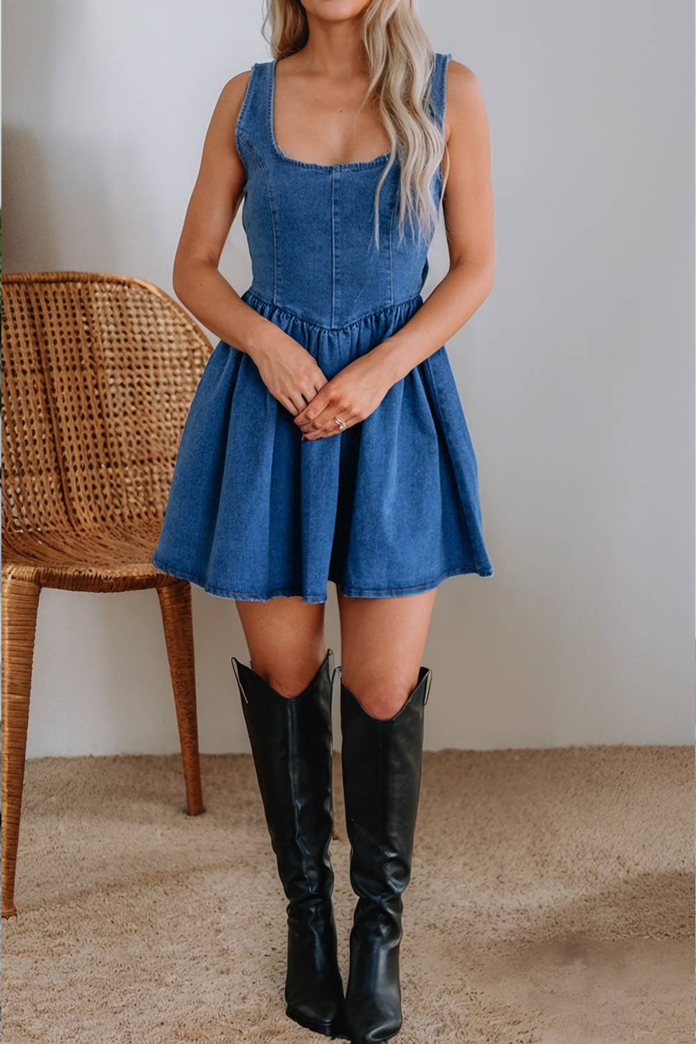 Square Neck Bowknot A-line Sleeveless Denim Dress
