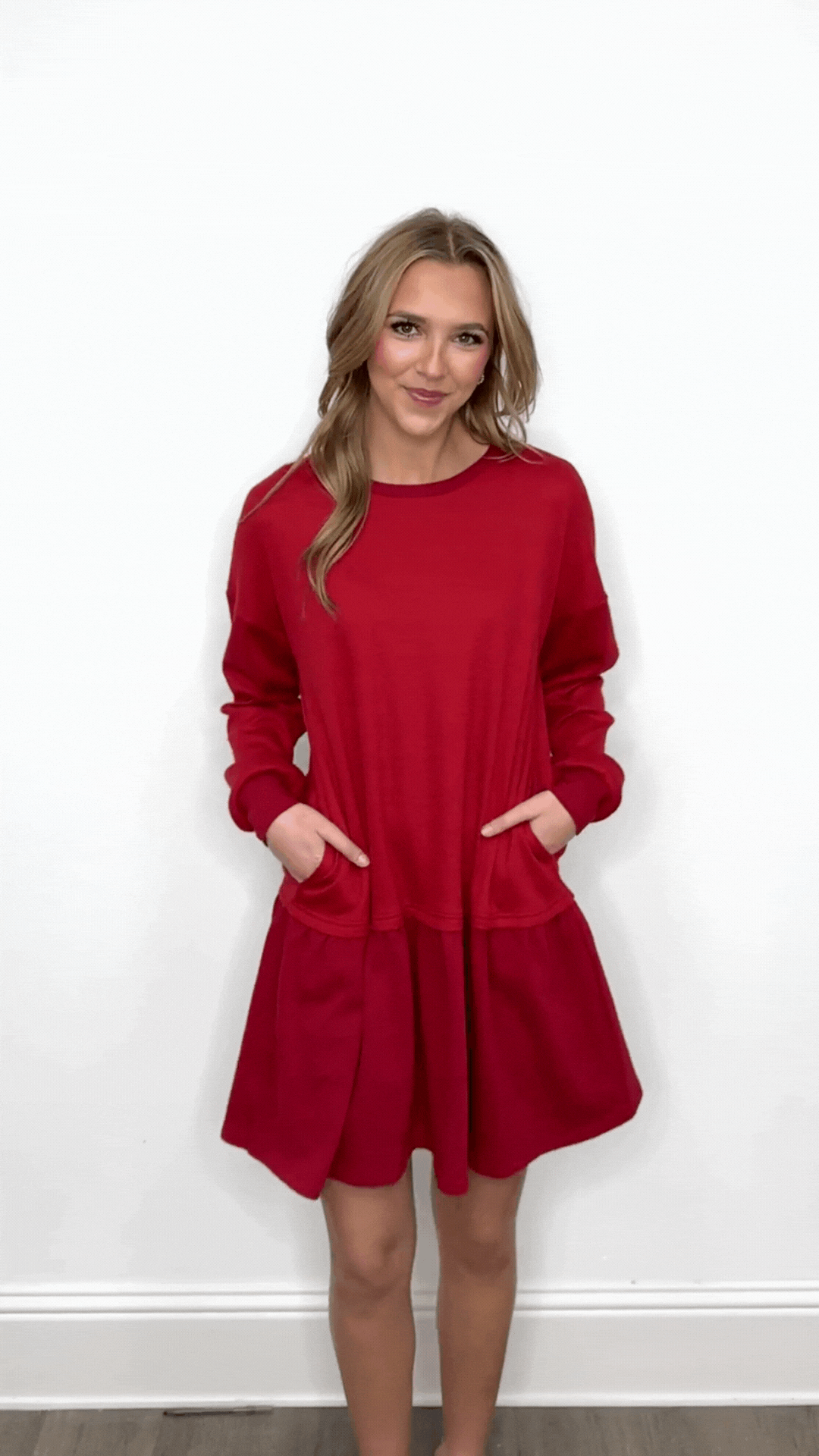 Grace & Emma Waffle Knit Long-Sleeve Dress, Red