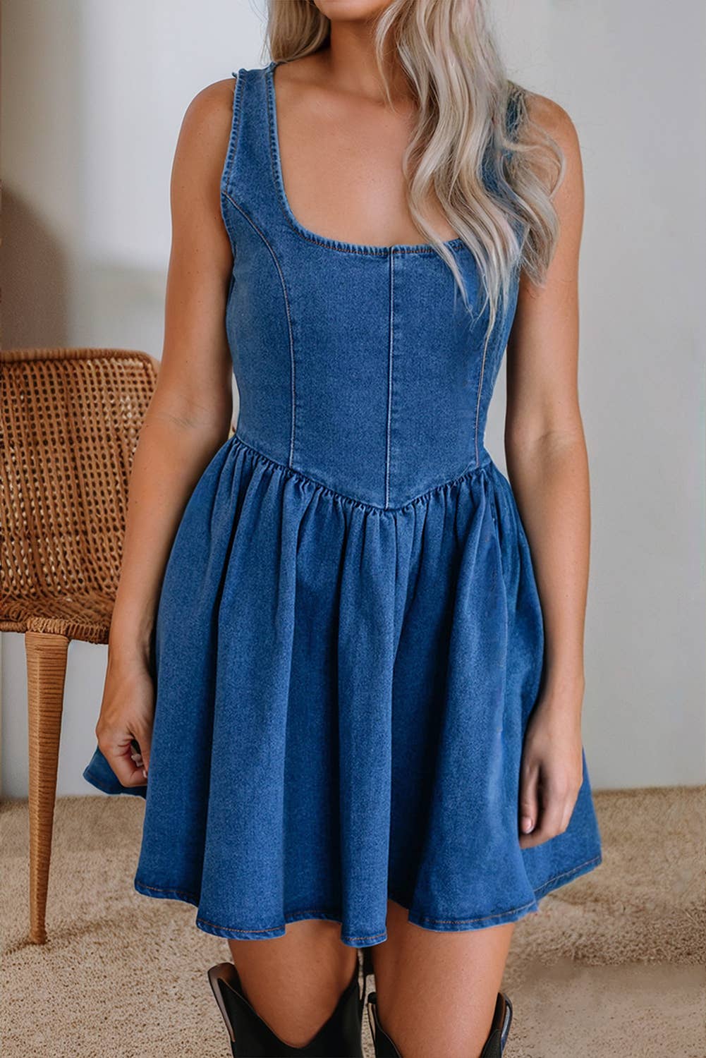 Square Neck Bowknot A-line Sleeveless Denim Dress