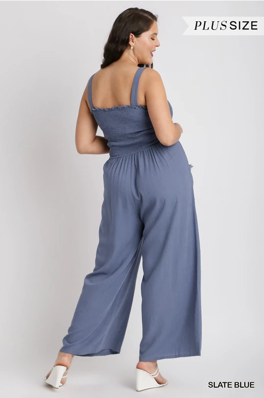 UMGEE Linen Blend Sleeveless Smocked Front Detail Jumpsuit with Side Pockets