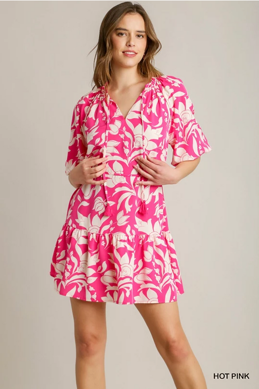 UMGEE Two Tone Printed Split Neck Short Dress with Front Tassel Tie & 3/4 Ruffle Puff Sleeves