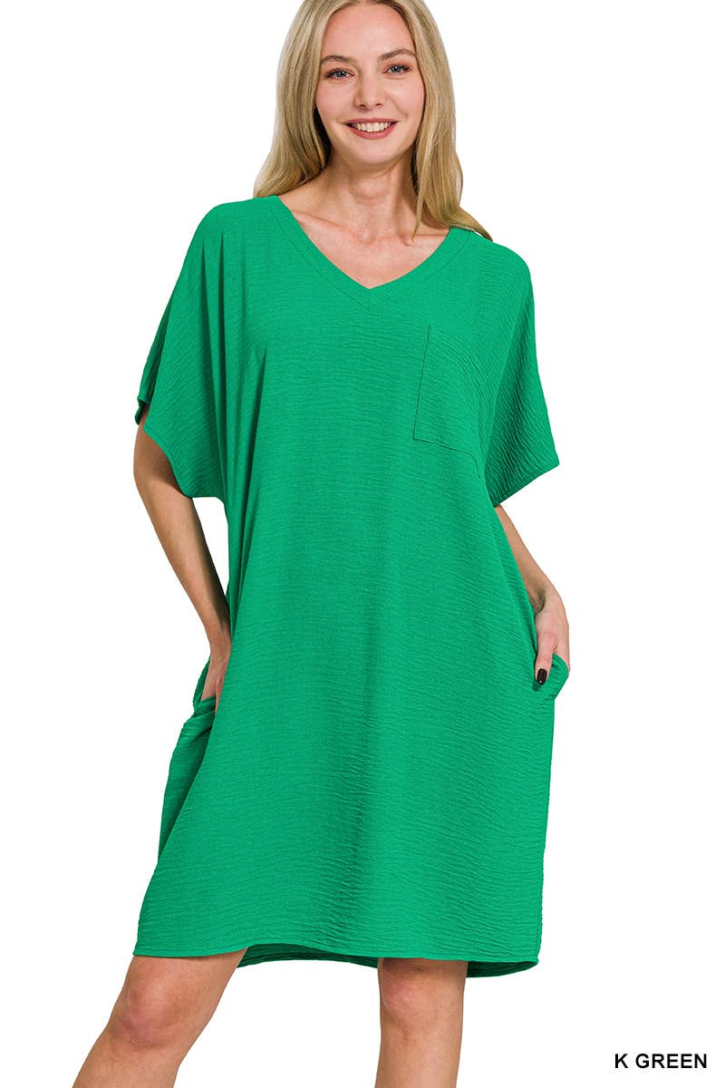 Woven Airflow V Neck T Shirt Dress With Pockets Zenana