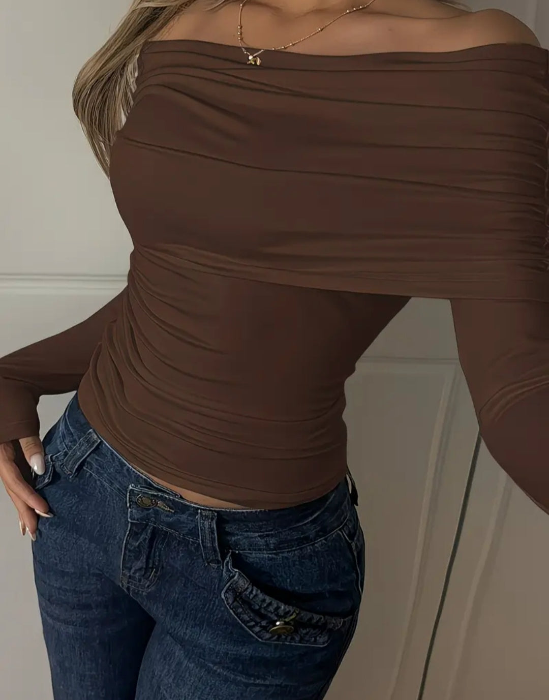 Solid Color Long Sleeve Off Shoulder Top