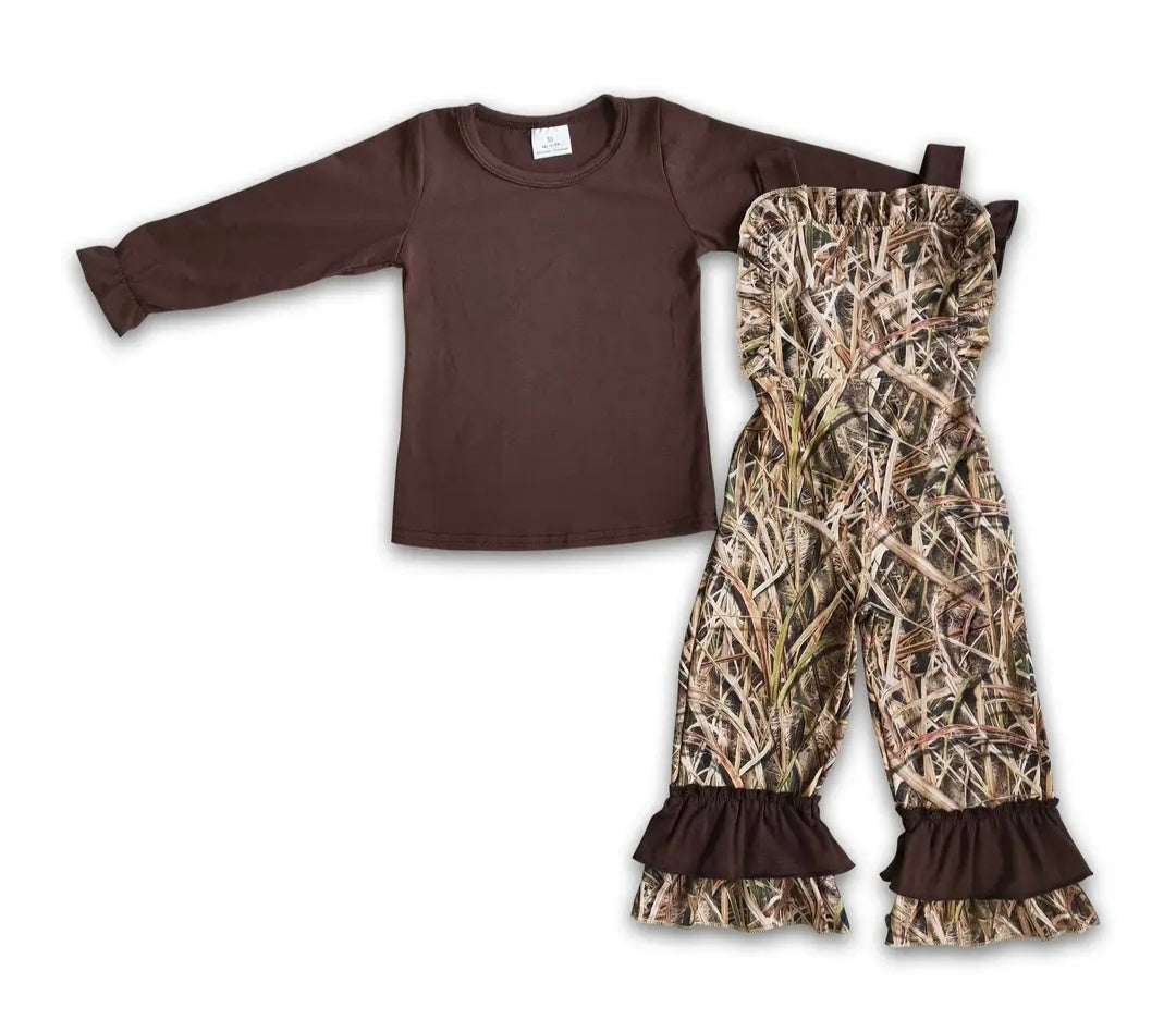 Girls Brown Cotton Shirt with Camo Overalls